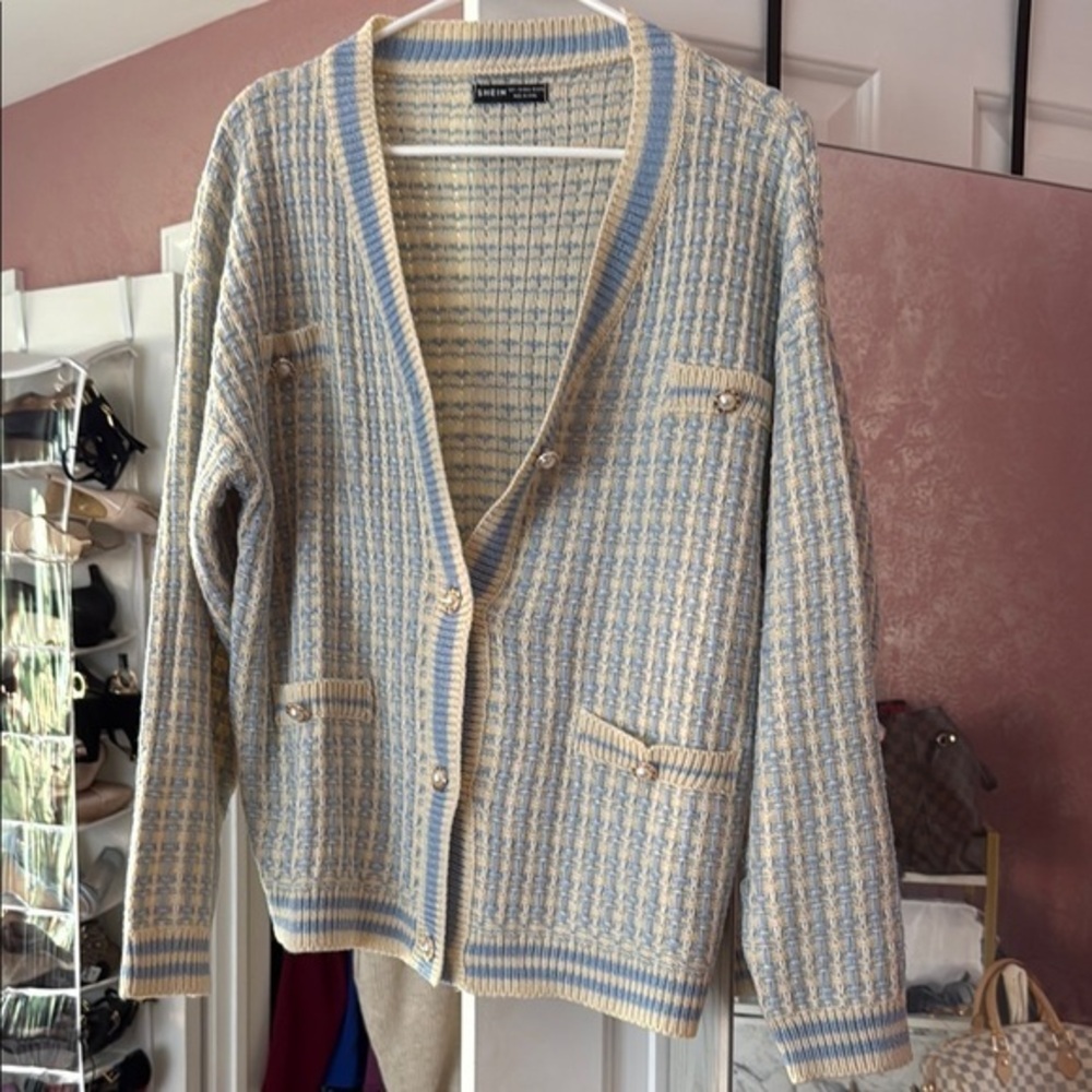 Blue and Cream Cardigan Sweater